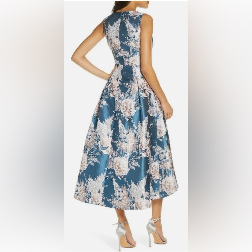 Eliza J Teal Blue Floral High-Low V-Neck Dress - Picture 5 of 6